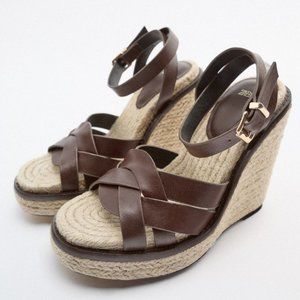 ZARA 100% LEATHER BROWN WEDGE SANDAL HEELS $89.90